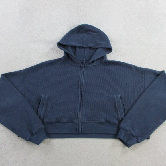 SKIMS Heavyweight Waffle Cropped Hoodie Womens XL Navy Blue Full Zip Knit EUC - Picture 3 of 10